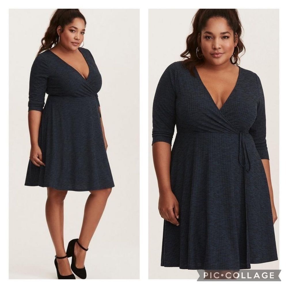 Torrid Blue Ribbed Faux Wrap Midi Dress 3/4 Sleeve Size 00